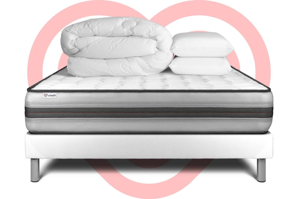 Pacchetto letto completo - Materasso 140x190cm + Box spring con doghe (in kit) + 2 cuscini + Piumino - Vitalpower Recover