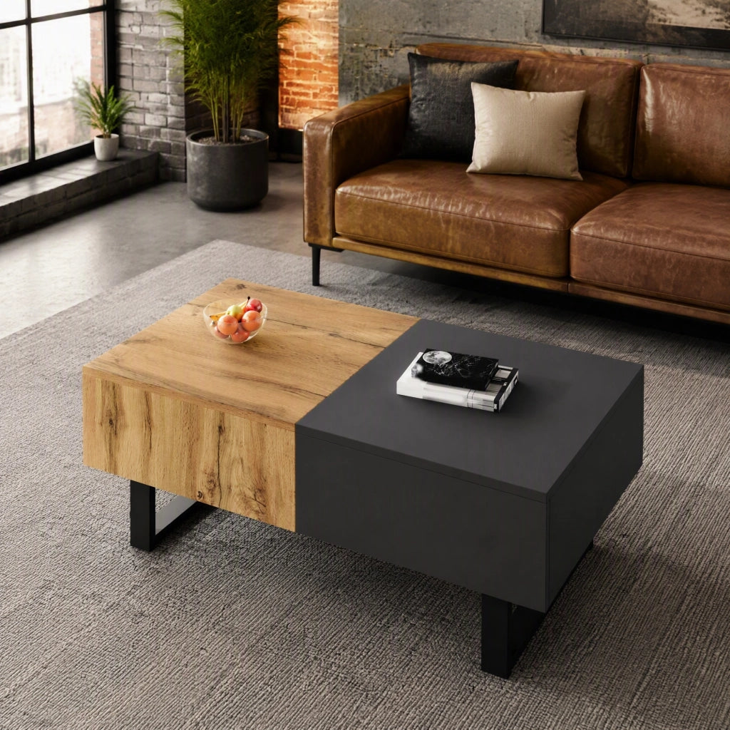 TAVOLINO DA CAFFÈ Scorrevole con vano contenitore 155 cm Legno Naturale e Antracite