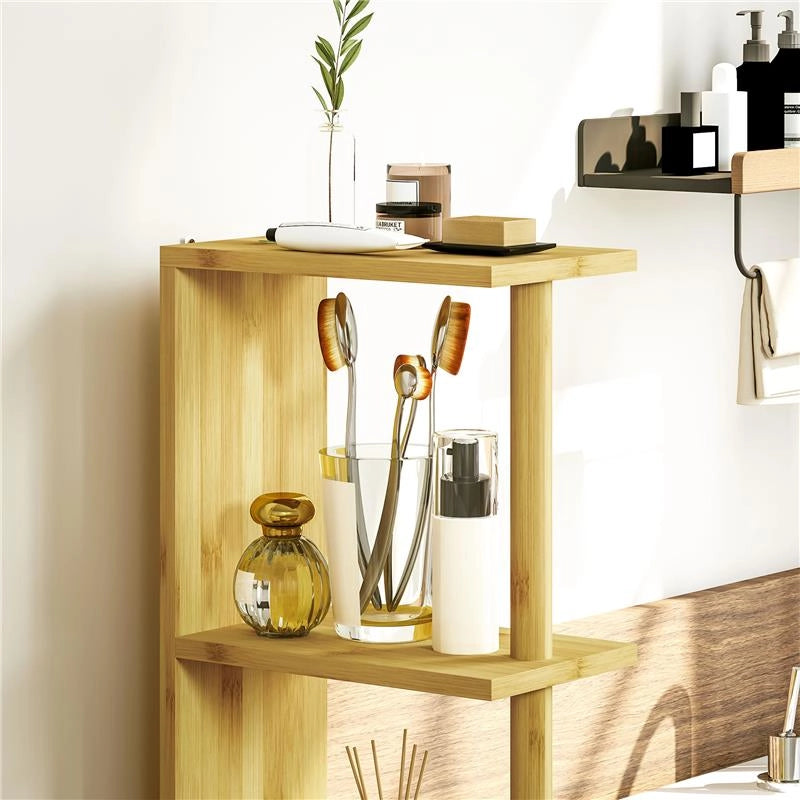 COLONNA BAGNO CON RIPIANI APERTI E ARMADIETTI CON ANTE MAGNETICHE, 18X30X120 CM, COLORE LEGNO