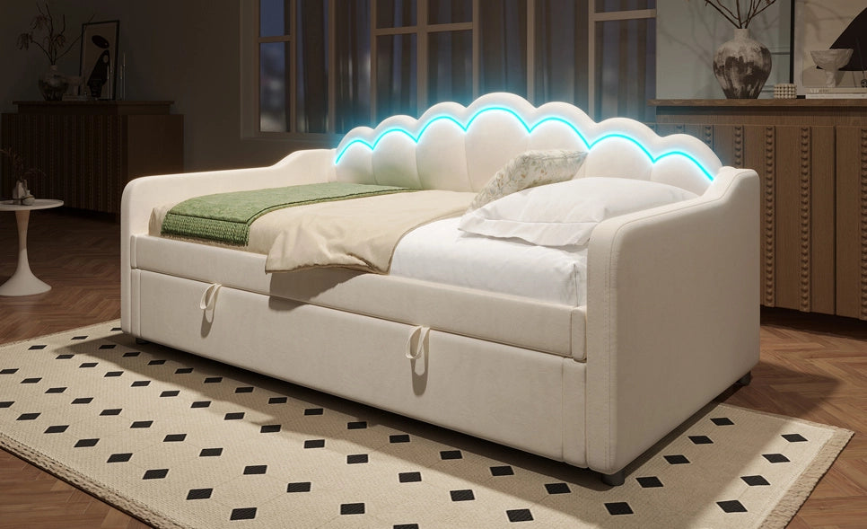 Letto singolo imbottito in velluto con contenitore e LED regolabili, 90x200 cm, beige