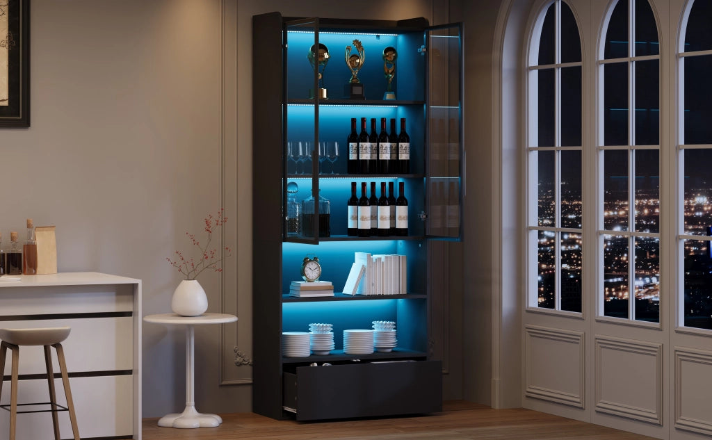 Vetrina alta con LED, 1 cassetto e 6 vani, ante in vetro, in MDF, per soggiorno, nero, 80 × 34 × 180 cm