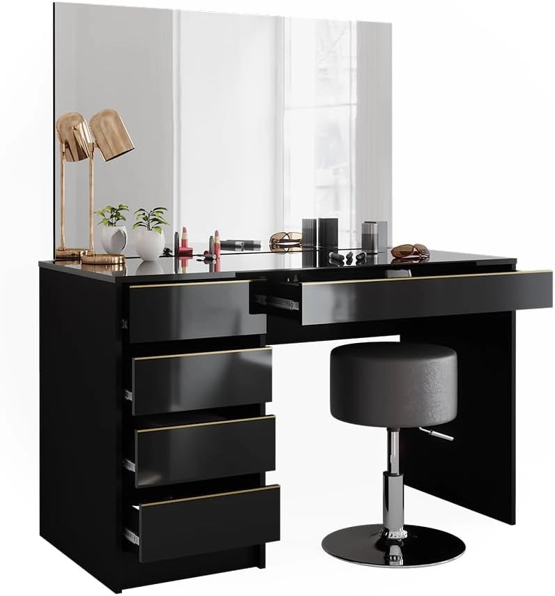 Tavolo da toeletta Sherry, Nero/oro, 120 cm con sgabello, inclusi sgabello e grande specchio per l’uso quotidiano