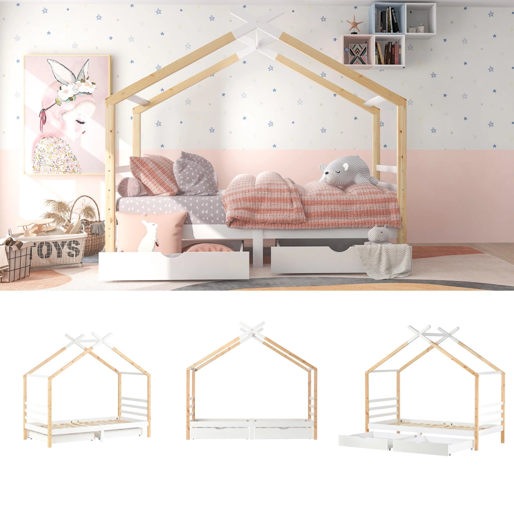 Letto a casa per bambini bianco con cassetti in legno massello di pino 90x200 cm