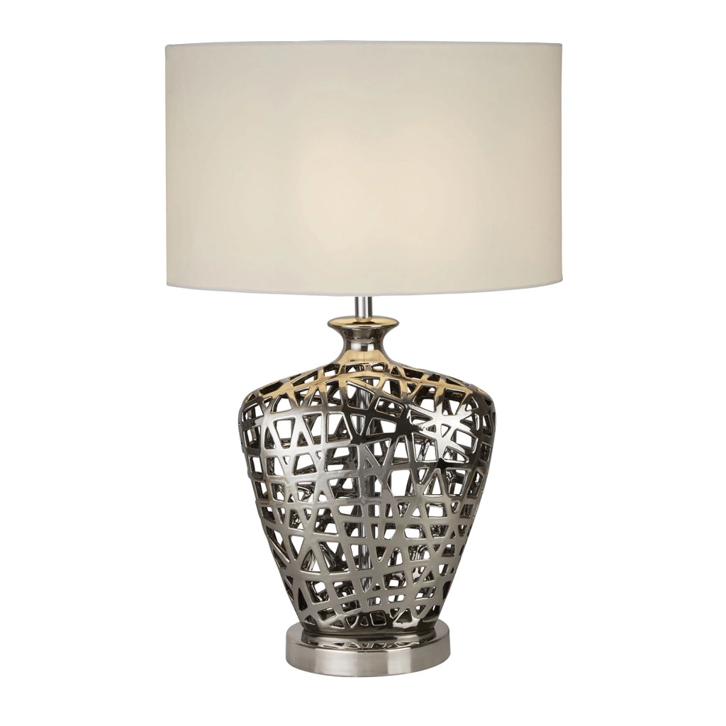 Lampada Da Scrivania Contemporanea Rete Metallo Cromo Tessuto Bianco 1 Luce E27