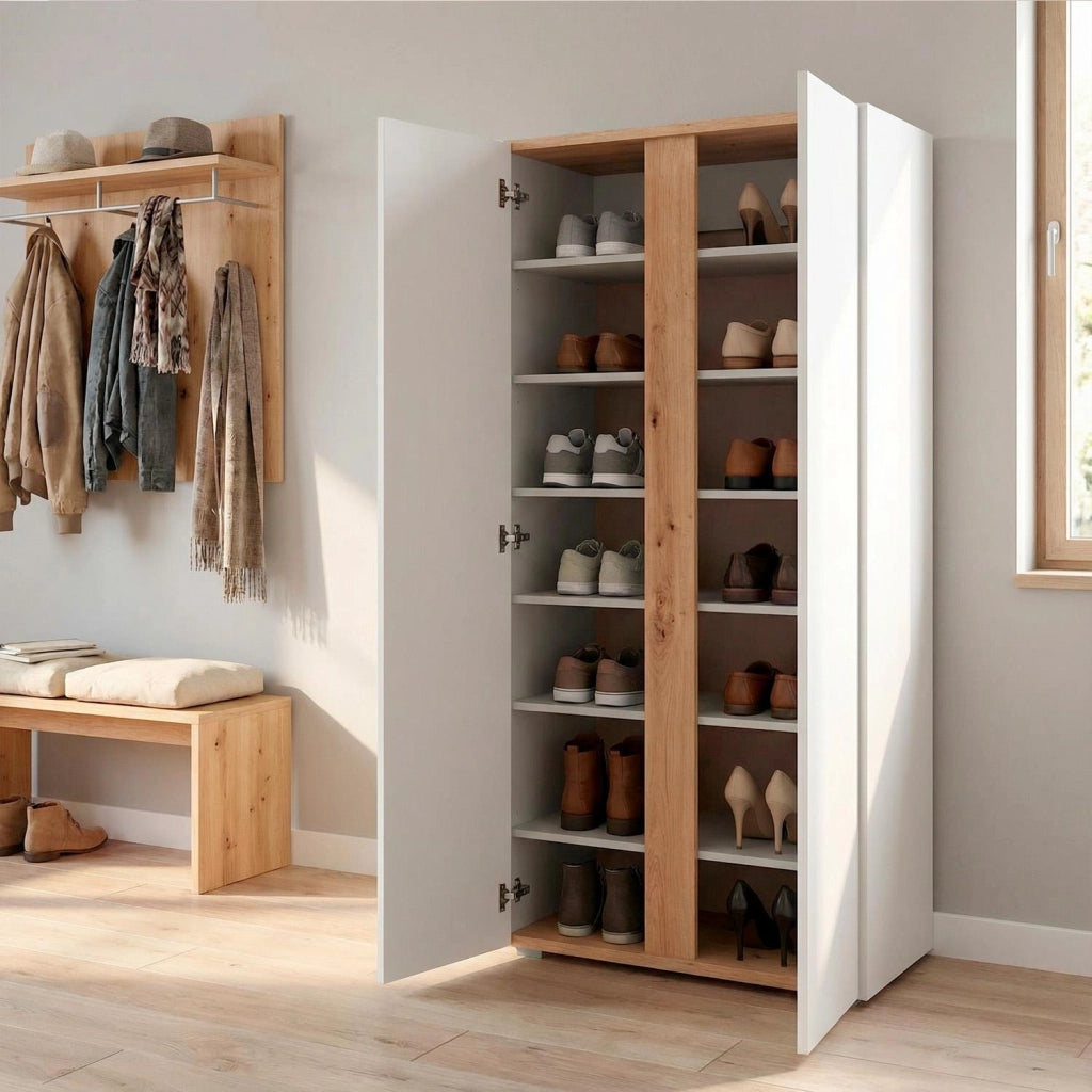 Mobile Portascarpe Con 2 Ante E 6 Ripiani Regolabili Design Minimal Capacità Fino A 18 Paia Per Ingresso Zona Giorno Corridoio 102 x 56.5 x 35 cm Bianco E Rovere