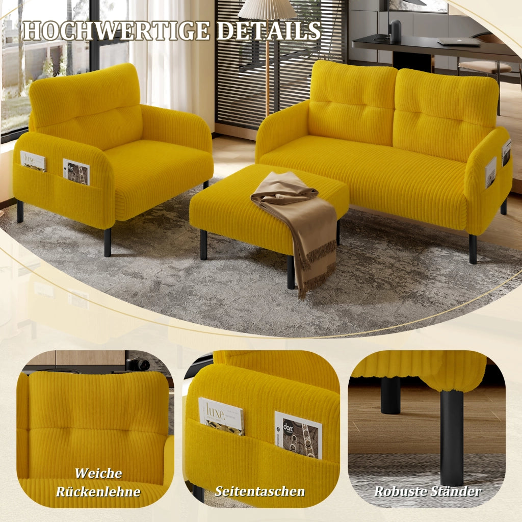 Set di Divani con 1 Divano 2 Posti; 1 Poltrona e 1 Poggiapiedi; Tasca Laterale e Seduta Profonda; Velluto a Coste e Metallo; Giallo