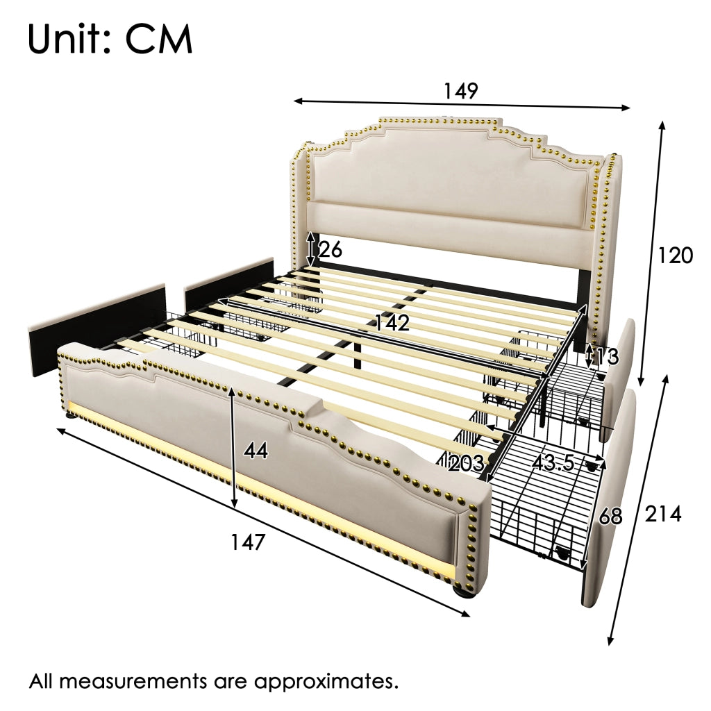 LETTO matrimoniale 140x200 cm in velluto beige con 4 cassetti, LED e materasso incluso