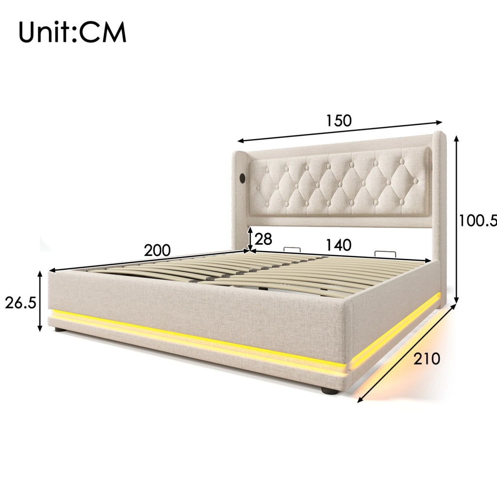 Letto con contenitore idraulico, LED, USB e USB-C con testiera beige in ABS