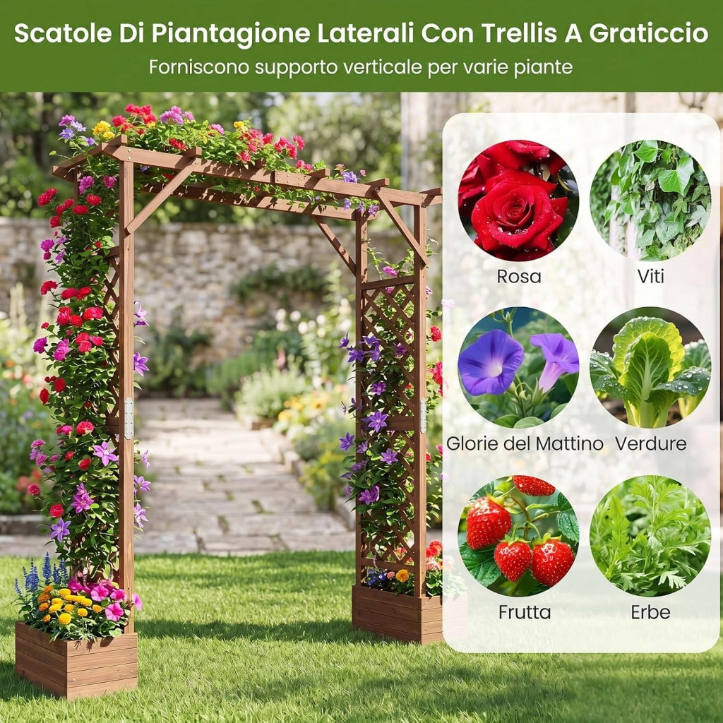 Arco da Giardino con 2 Fioriere, Pergola Esterno per Rampicanti | Pergolato Decorativo in Legno con 2 Grigliati e Tettuccio, per Matrimonio e Feste, 208 x 55 x 220 cm
