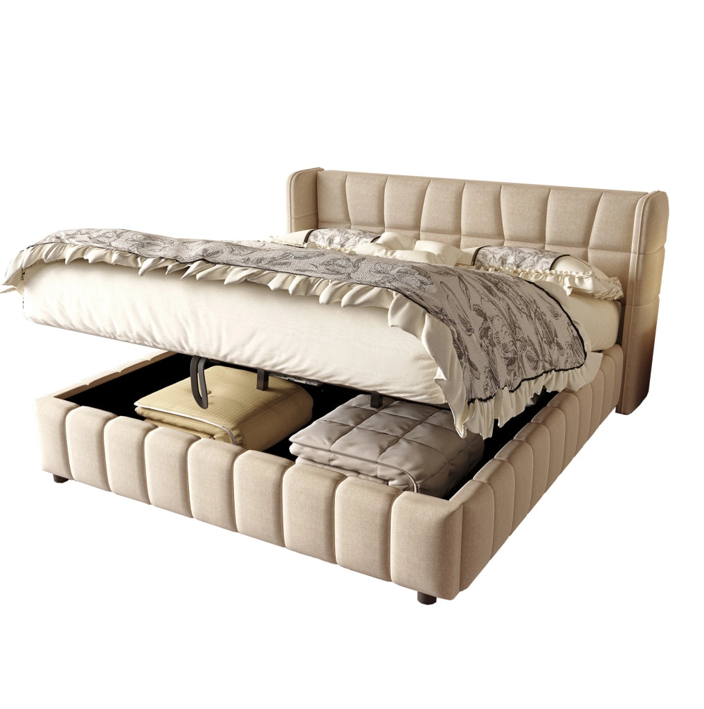 Letto imbottito 180x200 cm con contenitore in tessuto beige