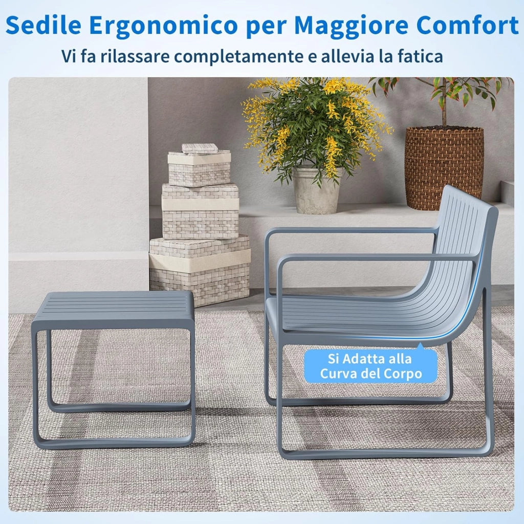 Set di Mobili da Giardino a 2 Pezzi, Poltrona e Tavolino da Giardino, Set da Bistro a Doghe per Patio, Sedia in PP e Tavolino da Caffè Quadrato, Portata 160 kg + 60 kg