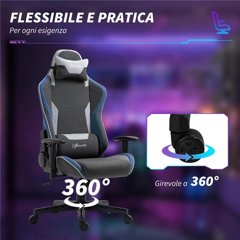 SEDIA DA GAMING RECLINABILE A 150° CON FUNZIONE DONDOLO IN TESSUTO EFFETTO LINO 66X53X128-138 CM GRIGIO