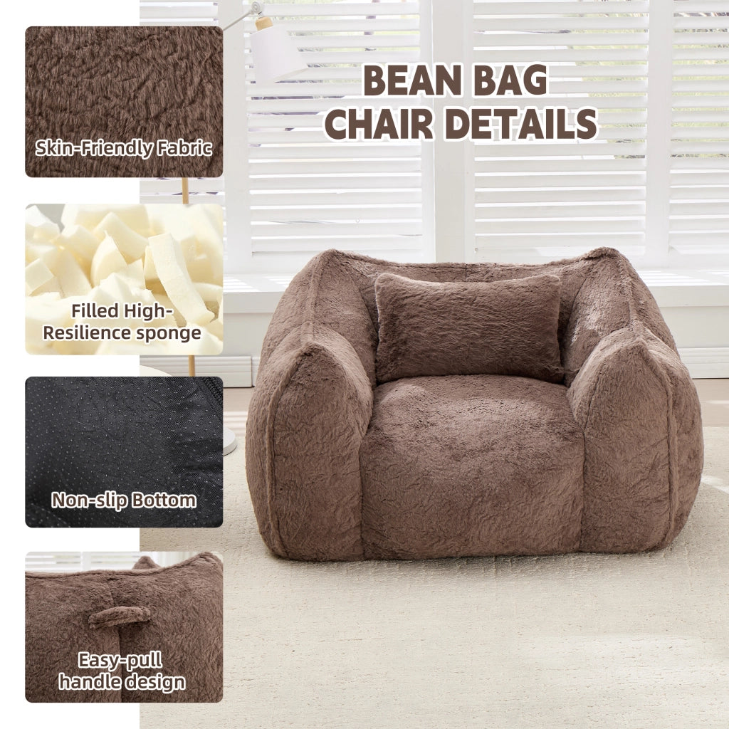 Poltrona pouf con schienale ergonomico e imbottitura in schiuma in pelliccia sintetica khaki