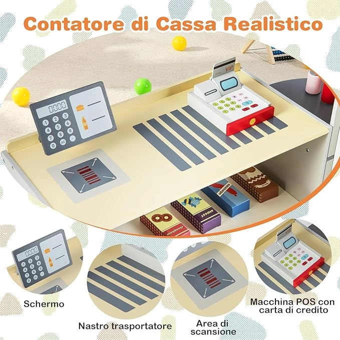 Negozio Alimentare per Bambini, Set di Giocattoli Supermercato in Legno con Cassa, Macchina POS, Distributore Automatico, Lavagna Scrivibile, per Bambini 3 - 8 Anni (Grigio)