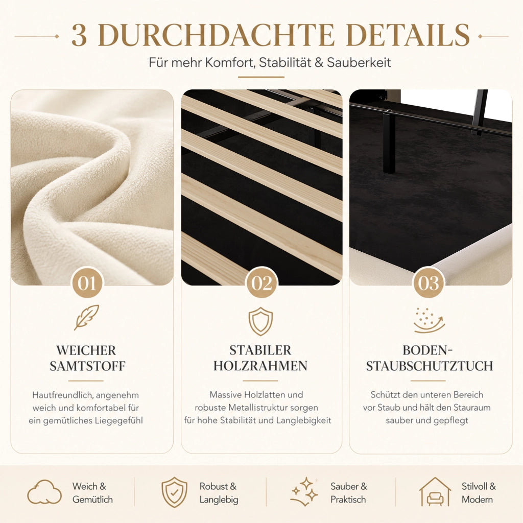 LETTO contenitore 140x200 cm in velluto beige con testiera multifunzione