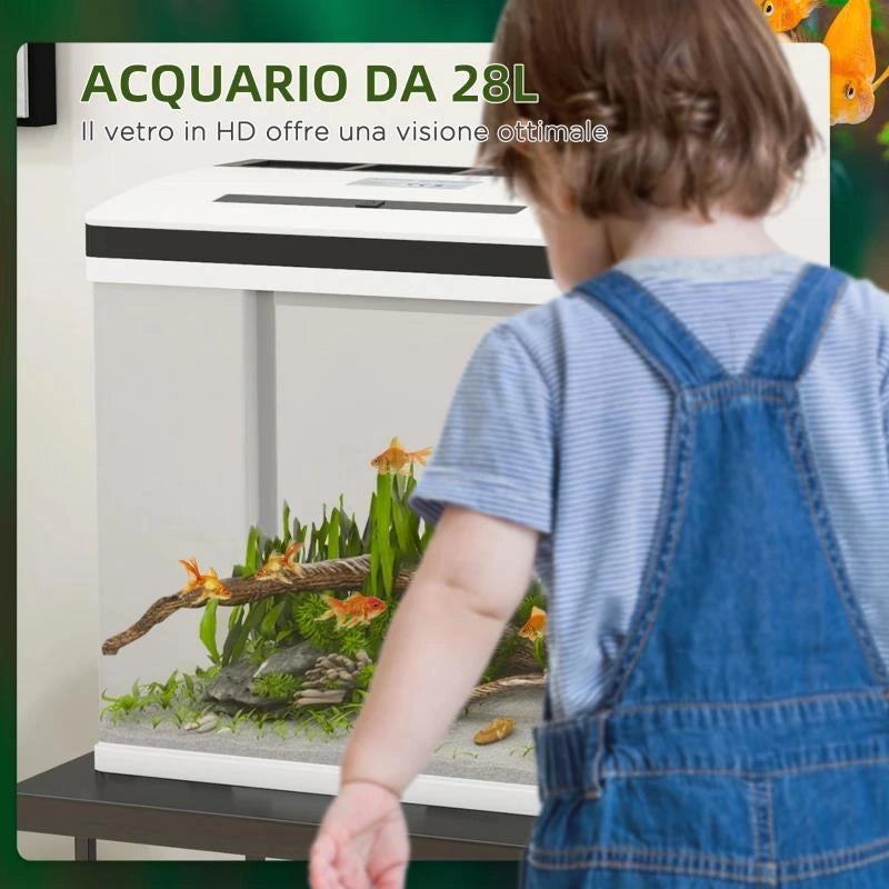 ACQUARIO 28L A ILLUMINAZIONE LED CON FORI DI VENTILAZIONE E POMPA, IN VETRO E ABS, 38X26X38CM