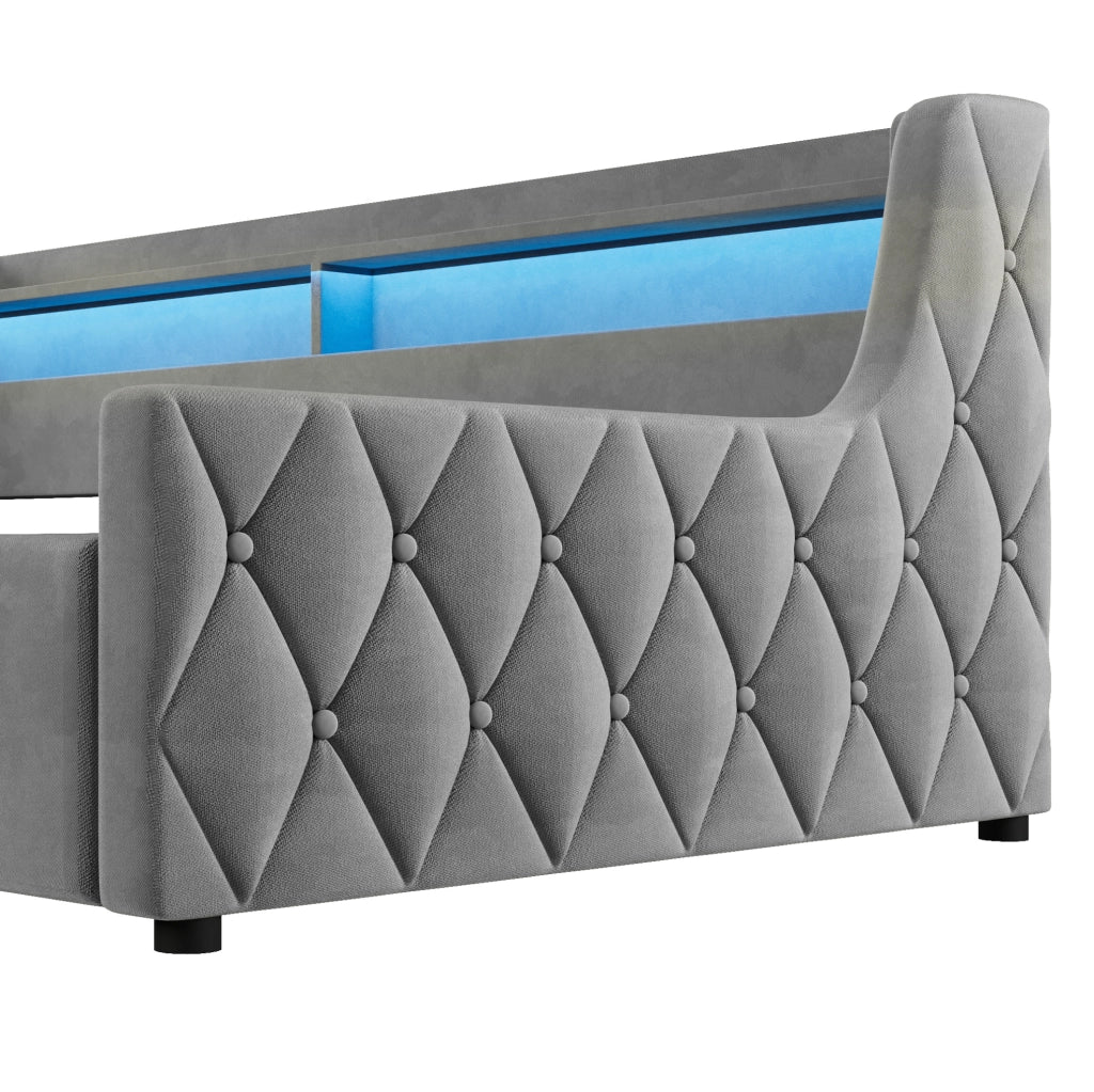 Letto 90x200 cm con contenitore e LED in flanella grigio