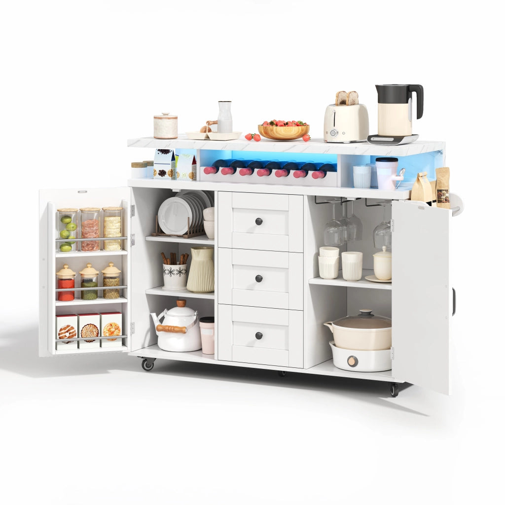 Isola da Cucina con 2 Ante; 3 Cassetti; Piano Pieghevole e LED; in MDF; 138x60x93 cm; Bianco