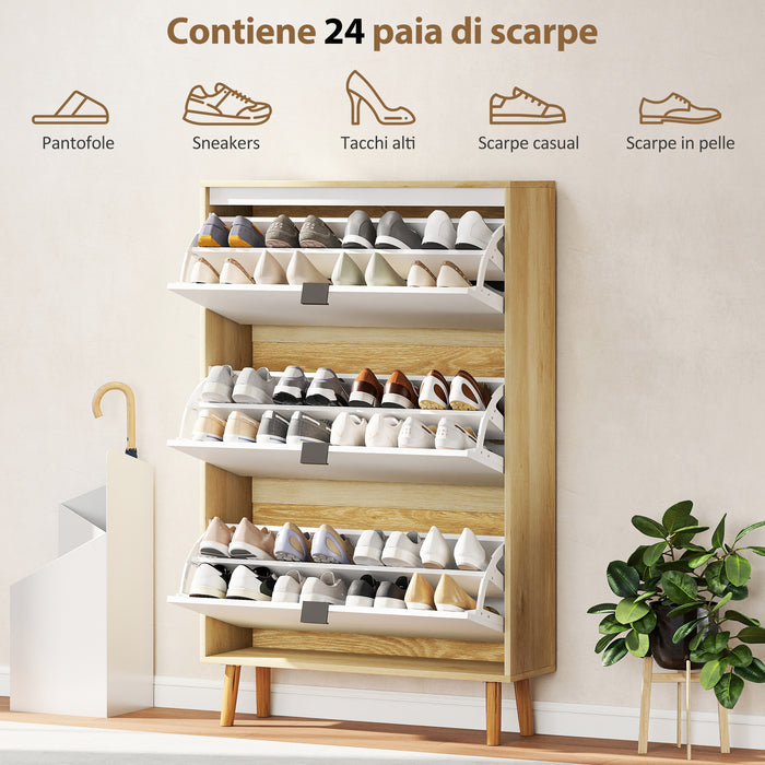 Scarpiera Slim con 3 Cassetti Ribaltabili per 24 Paia di Scarpe 80x24x127 cm Design Moderno in MDF Bianco