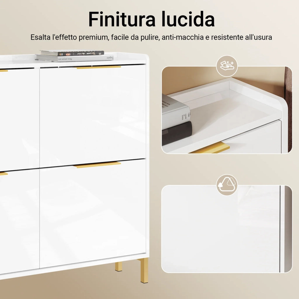 SoBuy FSR206-GW Scarpiera Salvaspazio Slim Ingresso - Mobile Scarpiera Bianca con 4 Ante a Ribalta, Profondità 19 cm, Design Nordico con Finitura Lucida e Maniglie Dorate, 100x19x90cm