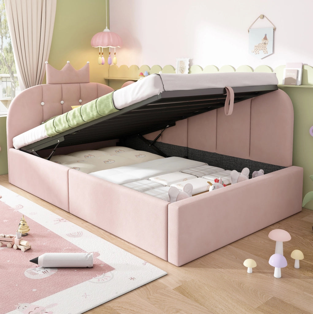 Letto da giorno L con testiera a corona; rete sollevabile e contenitore 90x200 cm in velluto rosa