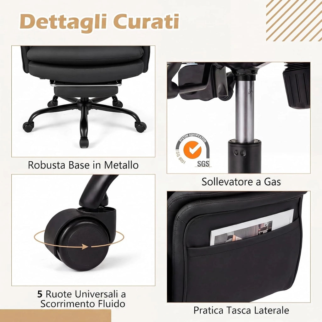 Sedia da Ufficio Ergonomica, Portata 150 kg (Nero) | Sedia Scrivania con Rotelle Girevole, Braccioli Regolabili su 5 Livelli e Poggiapiedi Retrattile, per Casa e Ufficio