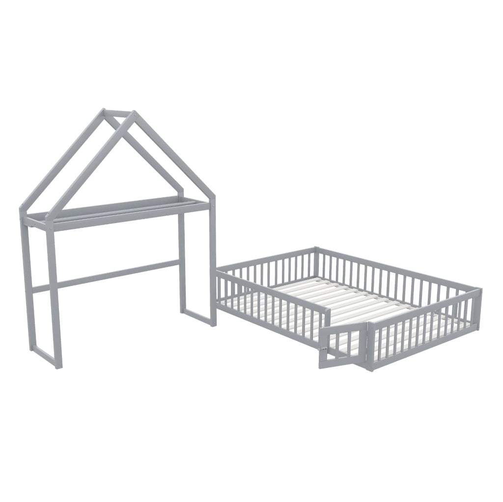 Letto per bambini a pavimento 140x200 cm grigio in legno massiccio di pino con sponda e spazio contenitore