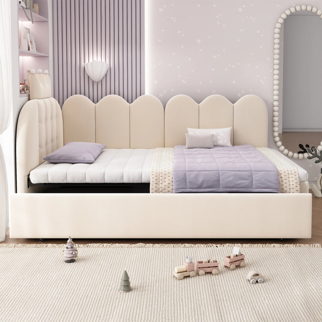 Divano letto 90x200 in velluto beige estraibile 90x190 forma L design a corona