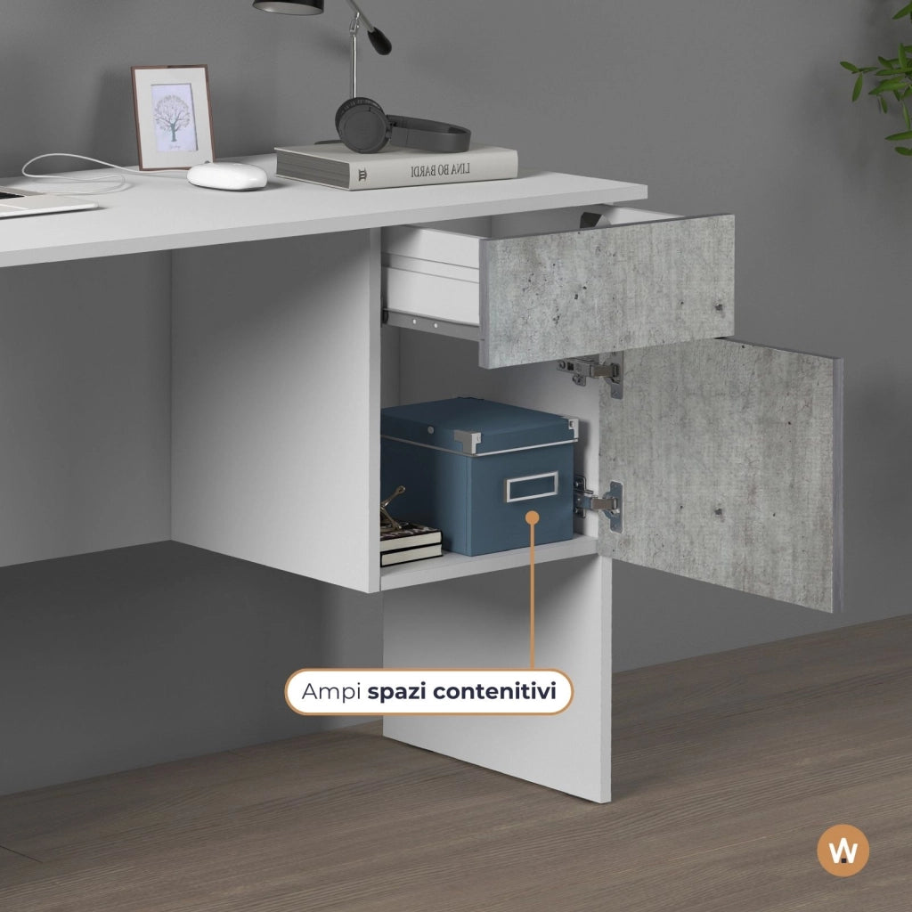 WHOUS Scrivania Easy 1 anta e 1 cassetto bianco opaco e cemento 110x50x75 cm