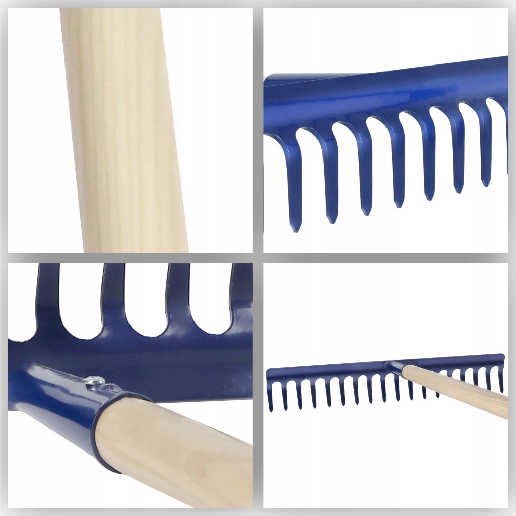 Rastrello da giardino KADAX con manico in legno, lunghezza 150 cm, denti in acciaio temprato, 18 denti.