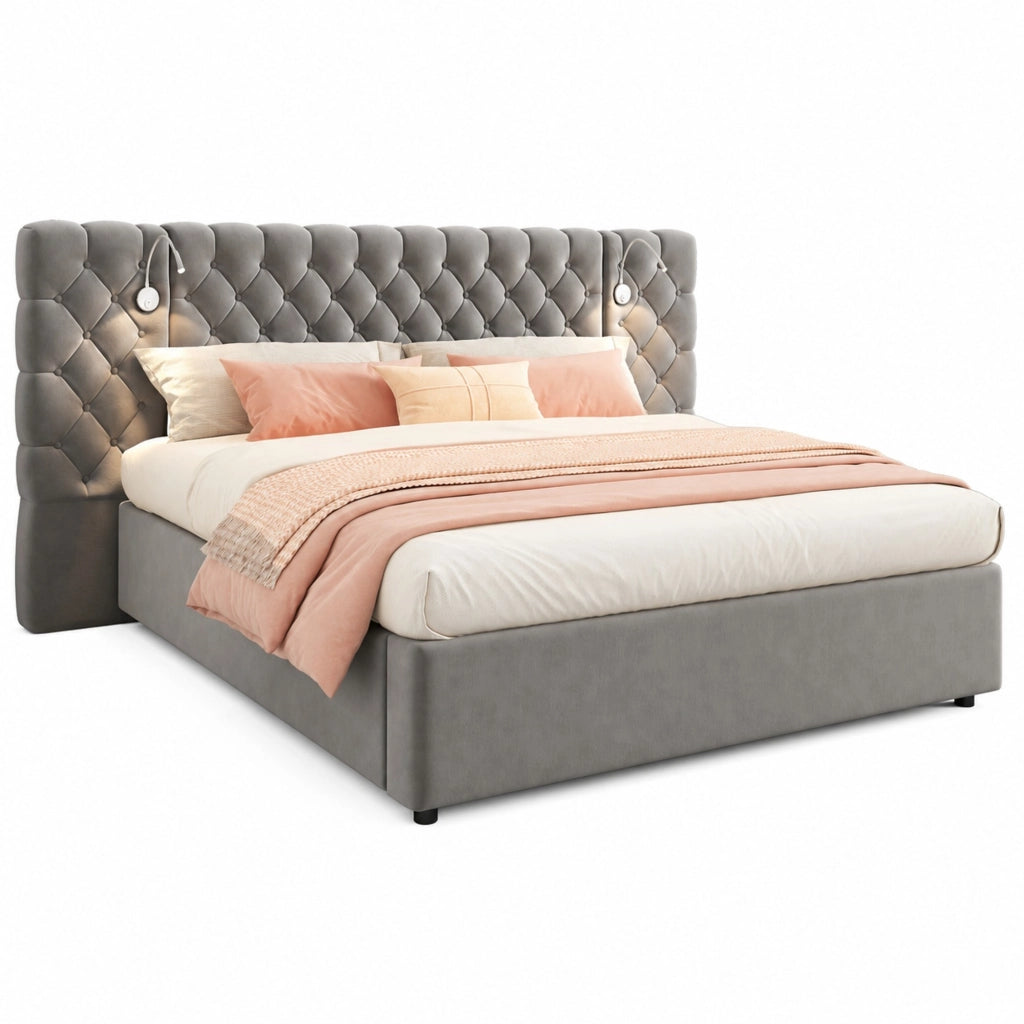 Letto imbottito 160x200 cm in velluto grigio con luce da lettura, contenitore idraulico e rete a doghe in legno