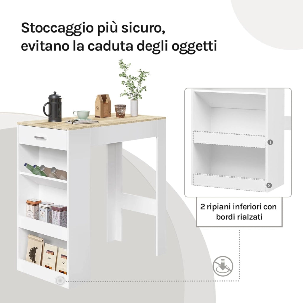 Tavolo da Bar, Bancone da Bar con 1 Cassetto e 3 Ripiani, Tavolo Penisola per Cucina, Pub, Bistrot, Legno Ingegnerizzato (Con assi di legno, Bianco+Rovere Chiaro, 100 x 50 x100 cm)