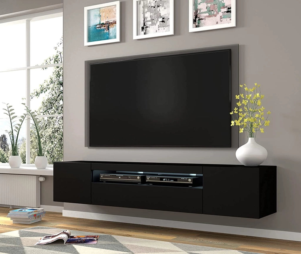 Mobile TV Aura con LED integrato 200x37x42H Cm mobile sospeso o a terra con piedi colore Nero Opaco