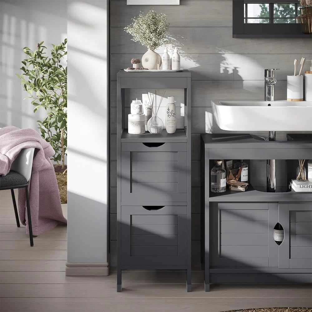 mobiletto bagno Vilda, Grigio, 30 x 89 cm con 2 cassetti, per la conservazione di accessori da bagno e prodotti per la cura