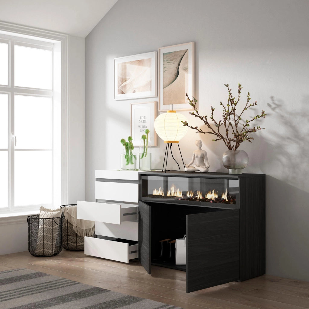 Cassettiera, 157x35x75cm, Camera da letto, Camino elettrico, Bianco e nero RF3424
