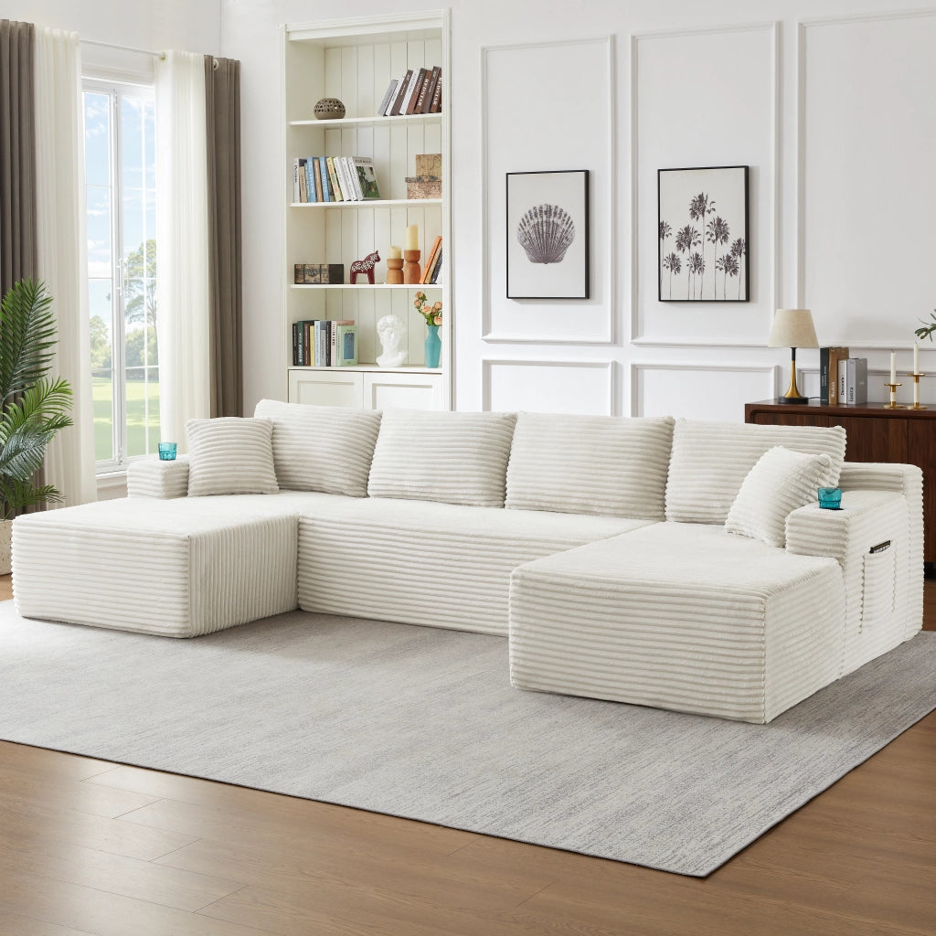 Divano modulare a U per soggiorno con seduta profonda e supporto ergonomico senza montaggio in velluto a coste beige