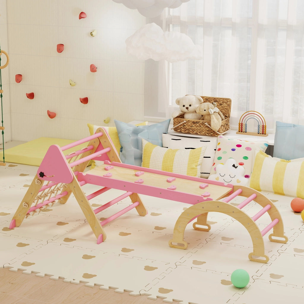 Triangolo arrampicata bambini 8 in 1 con rampa, arco in legno con scivolo e scala ¨C Xylo ¨C rosa