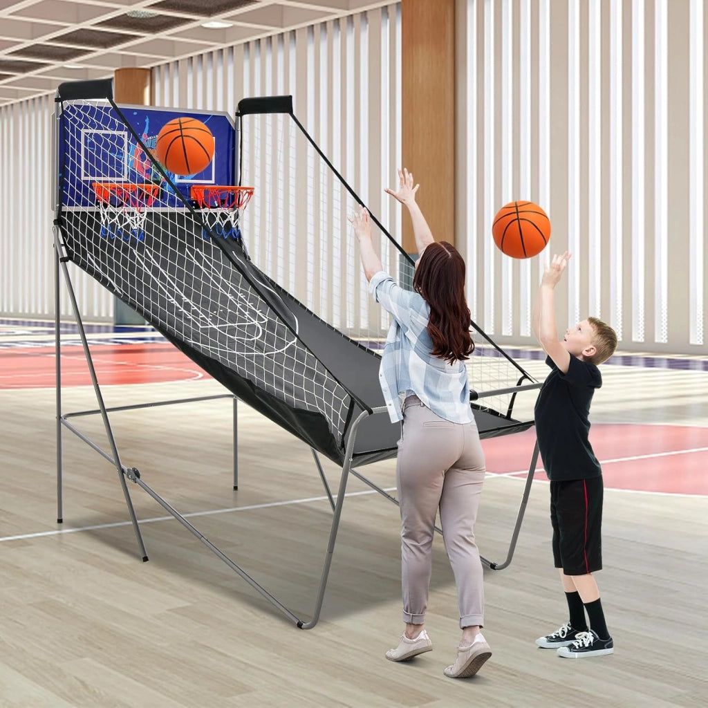 Macchina da Pallacanestro Elettronica, Canestro Basket da Camera a Doppio Tiro Pieghevole con Punteggio Elettronico, 4 Palle, 8 Modalità di Gioco e 2 Canestri (Blu)