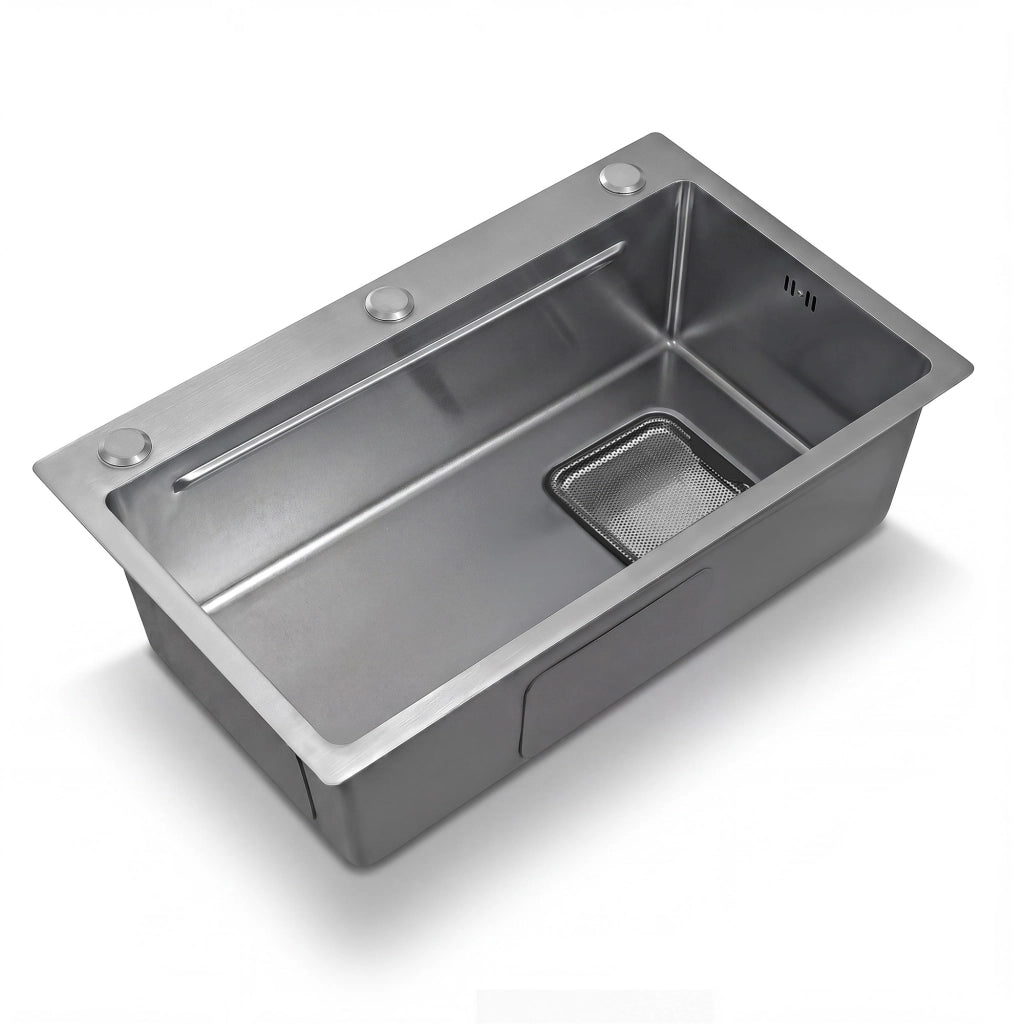 Lavello da cucina da incasso in acciaio inox PVD 75x45 cm con tagliere e doppio filtro