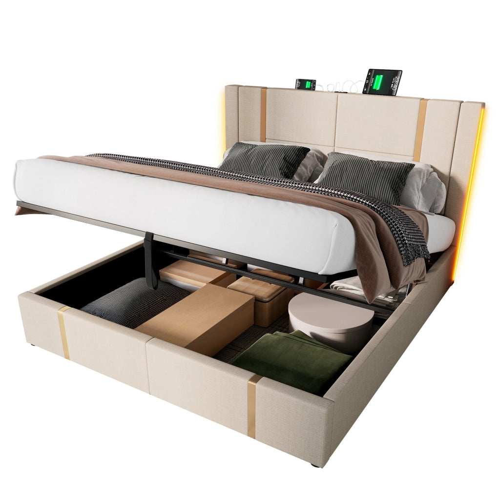 Letto matrimoniale 160x200 cm con contenitore; LED RGB; porte USB e Type-C; beige in lino; con materasso