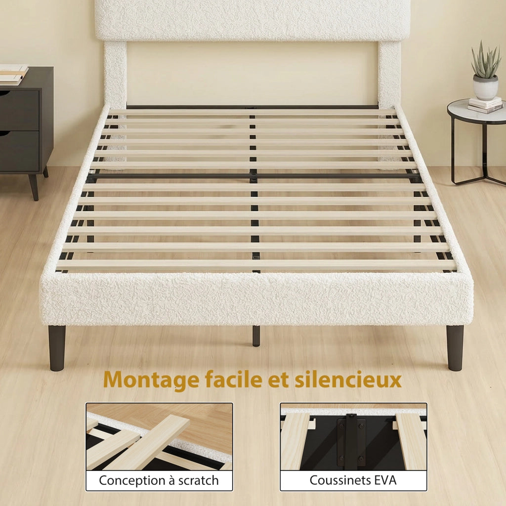 Letto Imbottito Matrimoniale 140x190 con Testiera Regolabile e Struttura in Metallo ¨C Minimal ¨C Bianco