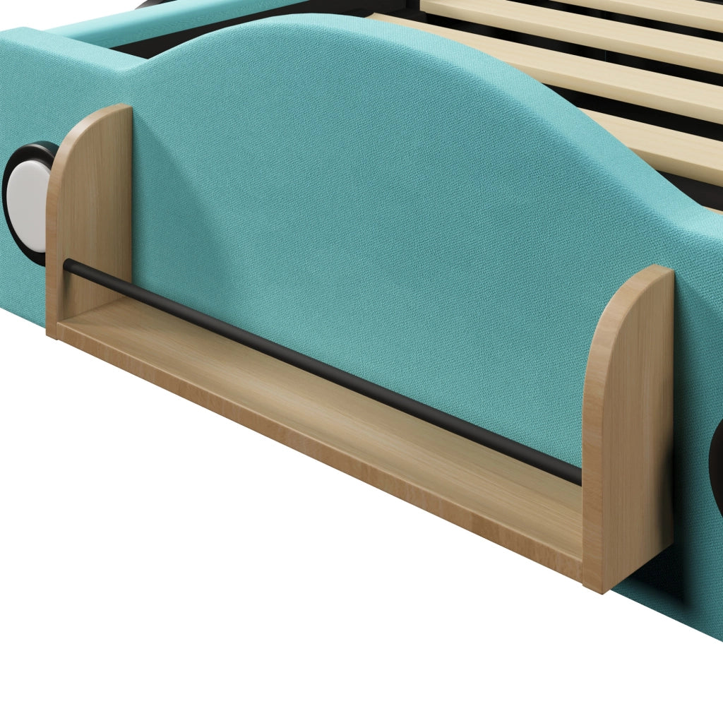 Letto imbottito 90x200 cm con contenitore idraulico; tasche laterali e cuscino grande in flanella blu
