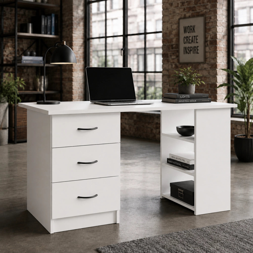 Scrivania Moderna Con 3 Cassetti E 3 Vani A Giorno Struttura In MDF Resistente Design Minimal Ideale Per Ufficio Studio Cameretta E Smart Working 120 X 49 X 72 Cm Bianco