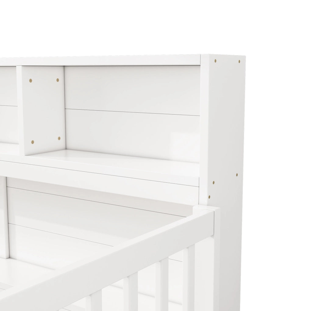 Daybed 90x200 cm con ripiani laterali e sponde di sicurezza; in pino e MDF bianco