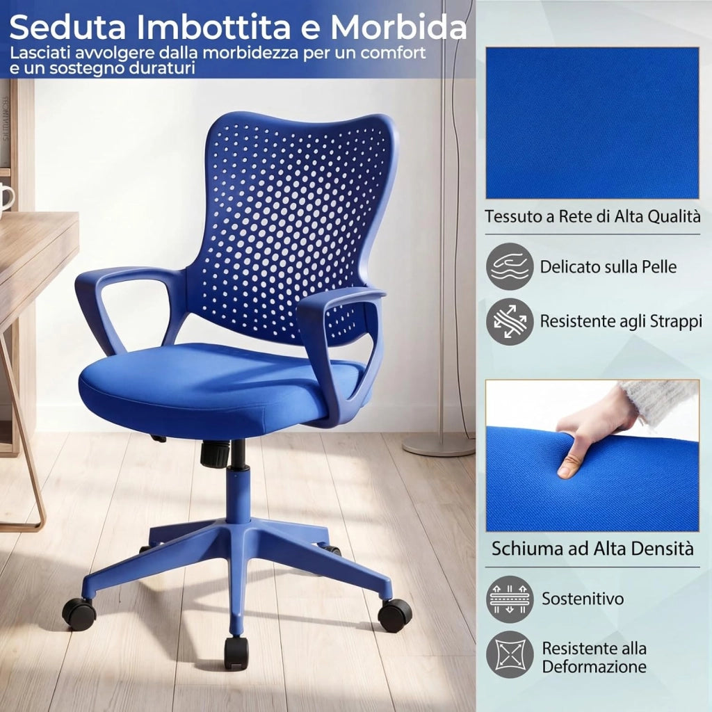 Sedia da Ufficio Ergonomica, con Schienale Reclinabile, Regolabile in Altezza, Sedia Scrivania con Seduta Girevole 360°e Ruote per Ufficio, Studio e Soggiorno, Portata 150 kg (Blu)