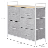 Easycomfort Cassettiera in Metallo Bianco e Legno con 5 Cassetti Pieghevoli e Rimovibili in Tessuto Grigio, 83Lx 29P x 77Acm