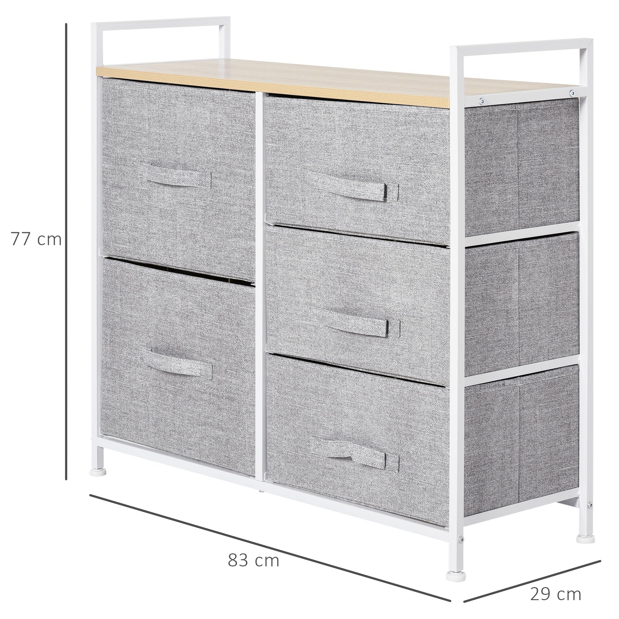 Easycomfort Cassettiera in Metallo Bianco e Legno con 5 Cassetti Pieghevoli e Rimovibili in Tessuto Grigio, 83Lx 29P x 77Acm