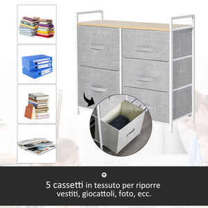 Easycomfort Cassettiera in Metallo Bianco e Legno con 5 Cassetti Pieghevoli e Rimovibili in Tessuto Grigio, 83Lx 29P x 77Acm