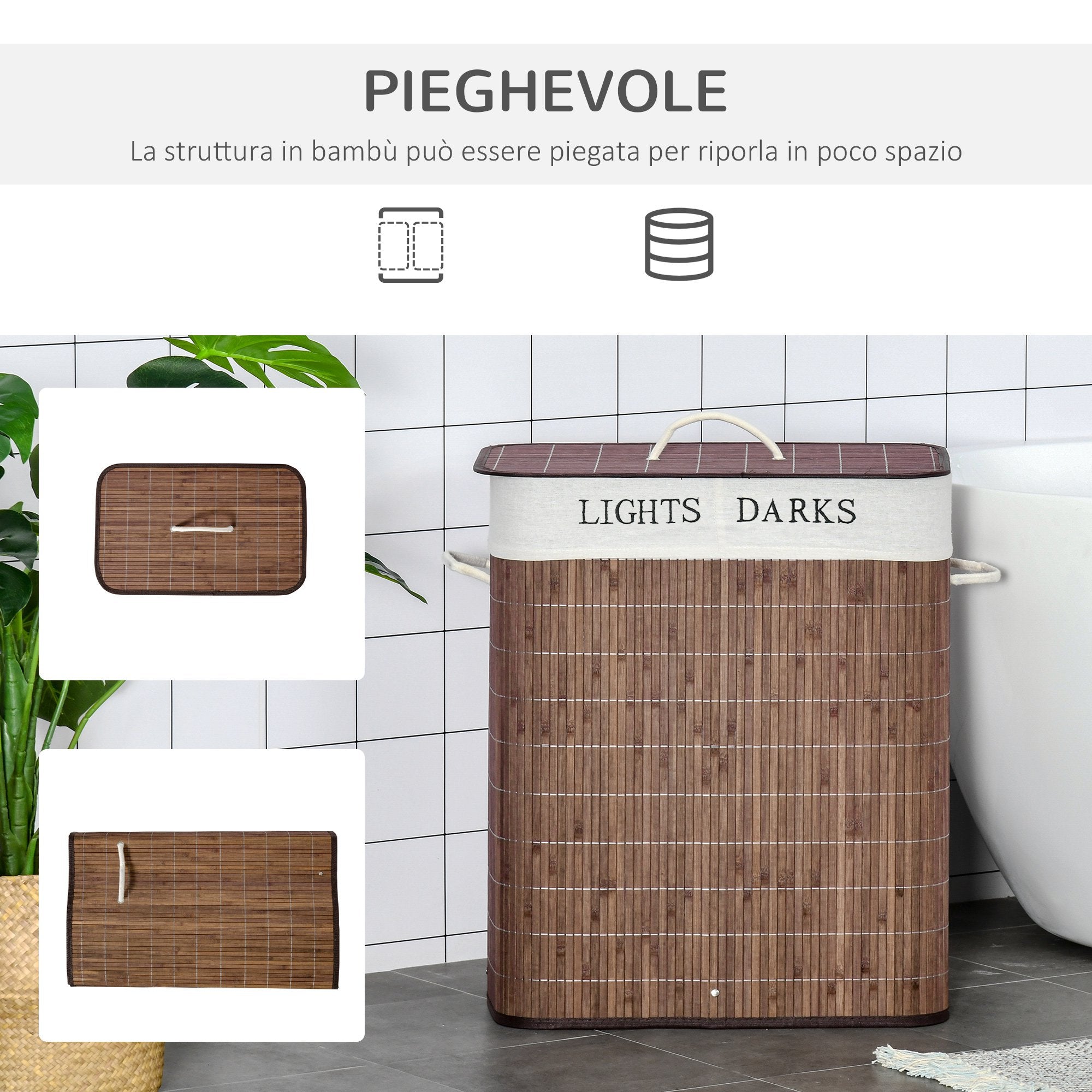 EASYCOMFORT  Cesto per Biancheria Bambù da 100L con 2 Scomparti, Coperchio e Maniglie, 52x32x63cm - Marrone