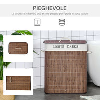 EASYCOMFORT  Cesto per Biancheria Bambù da 100L con 2 Scomparti, Coperchio e Maniglie, 52x32x63cm - Marrone